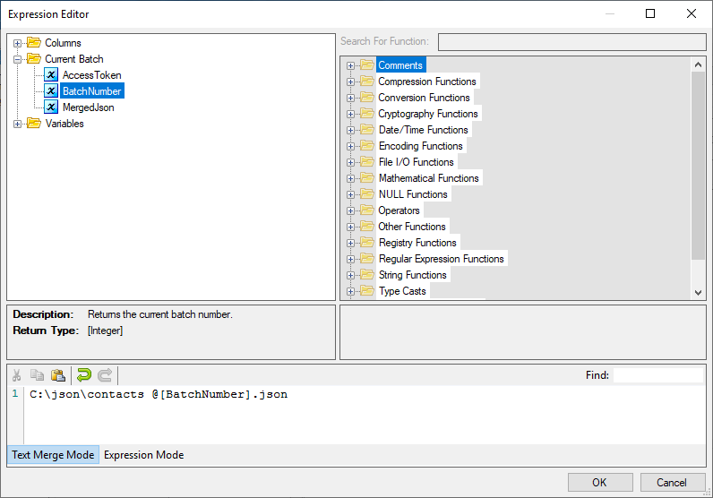 SSIS JSON Destination - Expression Editor Text Merge Mode